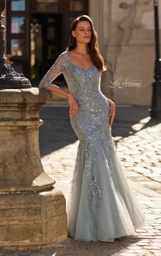 Picture of: Lace Tulle Mermaid Gown with Illusion Sleeves in Dusty Blue, Style: 31799, Detail Picture 1