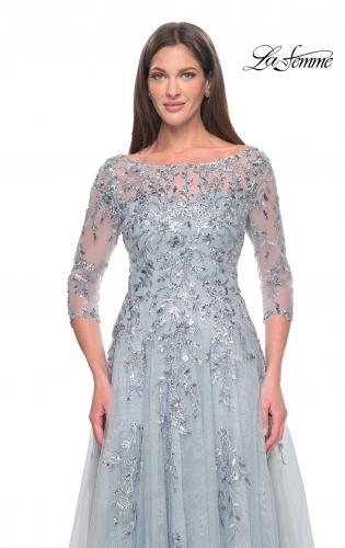 Picture of: A-Line Lace and Beaded Mother of the Bride Gown in Dusty Blue, Style: 31795, Detail Picture 1