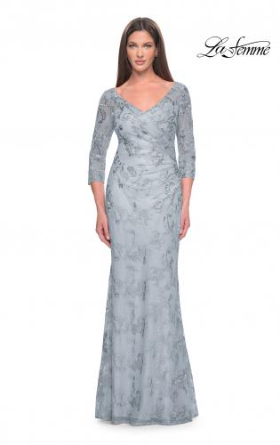 Picture of: Pastel Lace Mother of the Bride Gown with Three Quarter Sleeves in Dusty Blue, Style: 31684, Detail Picture 3