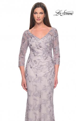 Picture of: Pastel Lace Mother of the Bride Gown with Three Quarter Sleeves in Dusty Lilac, Style: 31684, Main Picture
