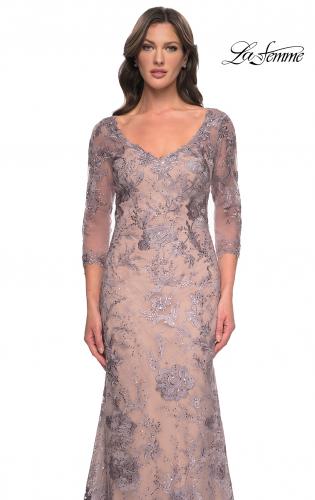Picture of: Long Fitted Lace Dress with V Neckline and Sheer Sleeves in Dusty Lilac, Style: 30130, Detail Picture 5