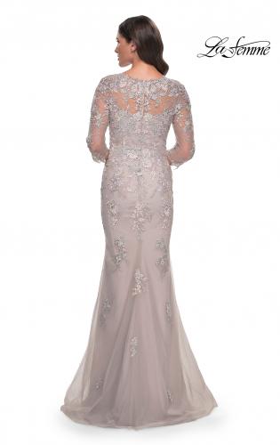 Picture of: Mermaid Tulle and Lace Dress with Illusion Sleeves in Dusty Mauve, Style: 30200, Back Picture