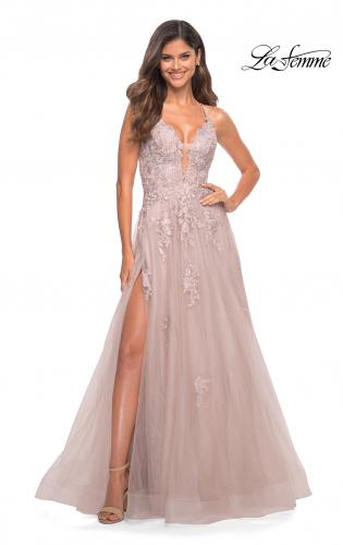Picture of: Tulle A-line Dress with Jeweled Lace Appliques in Dusty Mauve, Detail Picture 1