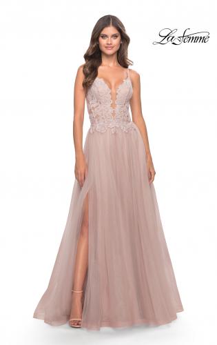 Picture of: A Line Tulle Gown with Lace Bodice and V Back in Dusty Mauve, Style: 31507, Detail Picture 1