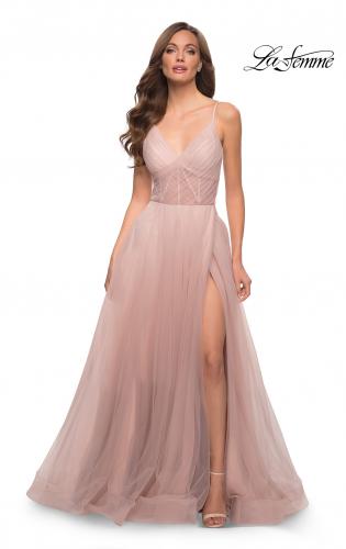 Picture of: A Line Tulle Prom Dress with Sheer Bodice in Dusty Mauve, Style 29076, Detail Picture 6