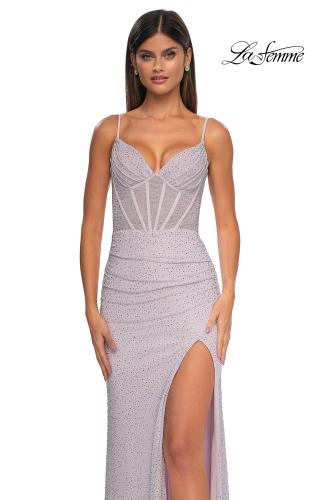 Picture of: Rhinestone Net Jersey Ruched Dress with Corset Top in Dusty Pink, Style: 32753, Detail Picture 15