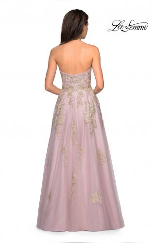 la femme metallic floral embellished evening dress