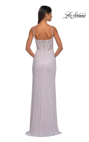 Picture of: Rhinestone Net Jersey Ruched Dress with Corset Top in Dusty Pink, Style: 32753, Detail Picture 7