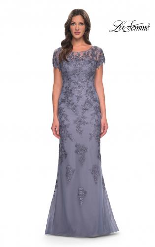 Picture of: Lace and Net Fitted Long Mother of the Bride Dress in Dusty Purple, Style: 29792, Main Picture