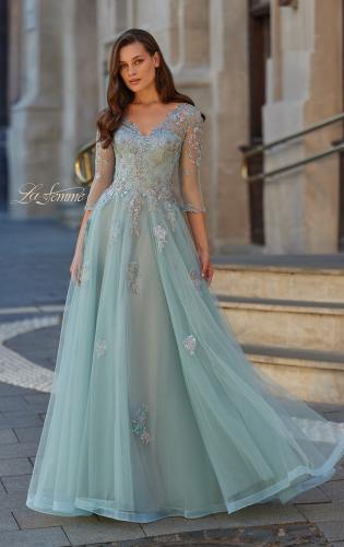 Picture of: Beaded Lace Tulle A-Line Gown with Sheer Sleeves in Dusty Sage, Style: 33536, Main Picture