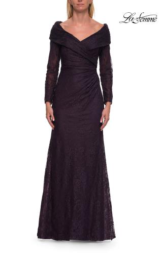 Picture of: Lace Long Sleeve V-Neck Evening Gown in Eggplant, Style: 33333, Detail Picture 8