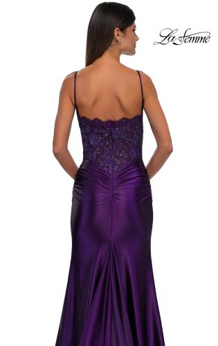 Picture of: Ruched Satin Evening Dress with Sheer Lace Top and Scallop Neckline in Eggplant , Style: 32689, Detail Picture 16