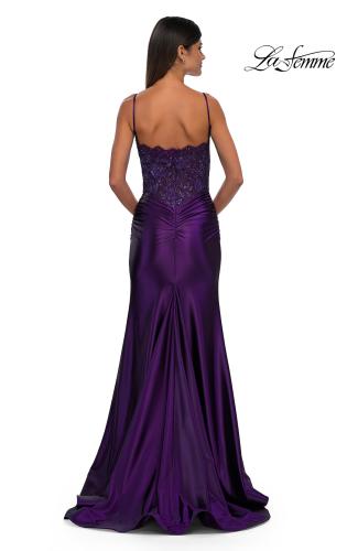 Picture of: Ruched Satin Evening Dress with Sheer Lace Top and Scallop Neckline in Eggplant , Style: 32689, Detail Picture 6