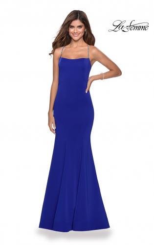 Picture of: Long Jersey Prom Dress with Beaded Strappy Back in Electric Blue, Style: 28526, Detail Picture 1