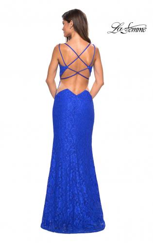 Picture of: Stretch Lace Long Prom Dress with Illusion Sides in Electric Blue, Style: 27029, Detail Picture 4