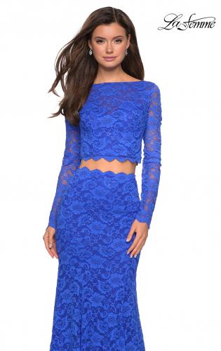 Picture of: Stretch Lace Long Sleeve Two Piece Prom Dress in Electric Blue, Style: 27601, Detail Picture 5