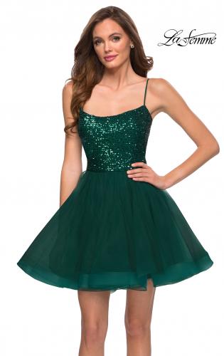Picture of: Tulle and Sequin Short Party Dress with Corset Back in Emerald, Style: 29237, Main Picture