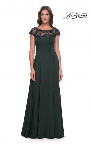 Picture of: A-Line Satin Dress with Stunning Beaded Neckline and Short Sleeves in Emerald, Style: 31195, Main Picture