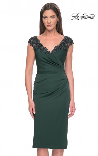 Picture of: Short Satin Evening Dress with Beaded Details in Emerald, Style: 31839, Main Picture