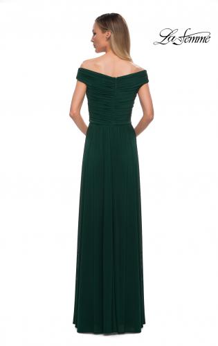 Picture of: Off the Shoulder Net Jersey Long Dress with Ruching in Emerald, Back Picture