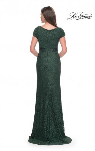 Picture of: Stretch Lace Evening Dress with Short Sleeves in Emerald, Style: 30797, Back Picture