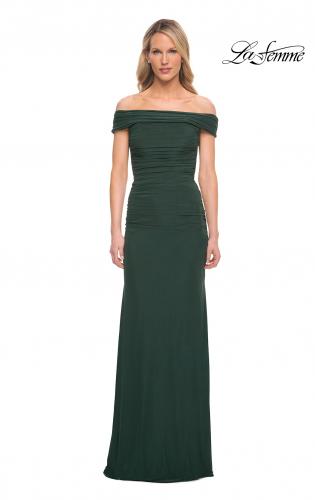 Picture of: Ruched Off the Shoulder Net Jersey Evening Dress in Emerald, Detail Picture 1