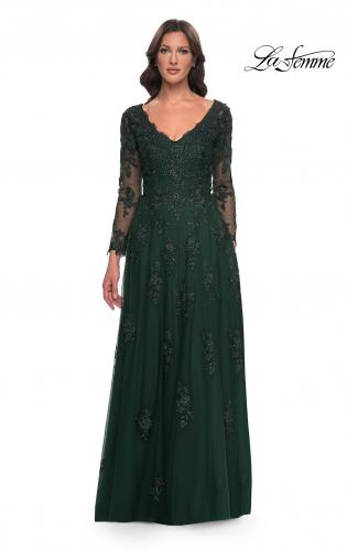Picture of: Long Sleeve Lace and Tulle Dress with V Neckline in Emerald, Style: 30795, Detail Picture 1