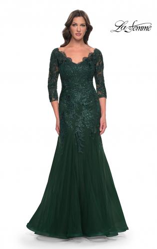 Picture of: Mermaid Tulle and Lace Dress with Scallop Detailed Neckline in Emerald, Style: 30823, Detail Picture 1