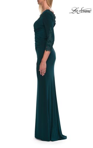 Picture of: V-Neck Lace Trim Gown with Three-Quarter Sleeves in Emerald, Style: 33658, Detail Picture 2