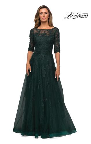 Picture of: Lace and Tulle A-line Gown with Three Quarter Sleeves, Style: 28036, Detail Picture 6