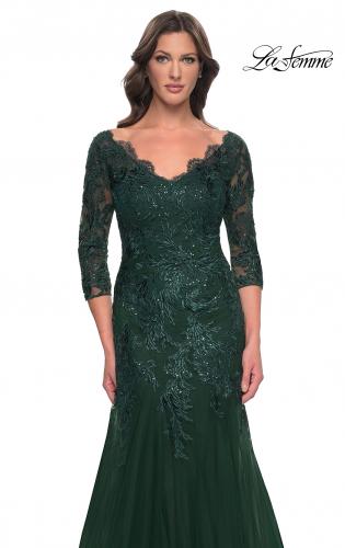 Picture of: Mermaid Tulle and Lace Dress with Scallop Detailed Neckline in Emerald, Style: 30823, Detail Picture 7