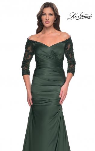 Picture of: Mermaid Satin Dress with Gathering and Off the Shoulder Top in Emerald, Style: 30853, Detail Picture 7