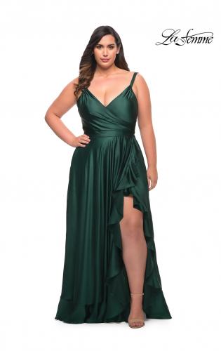 Picture of: Ruffle Slit Satin Long Plus Size Dress with V Neck in Emerald, Style: 29740, Main Picture