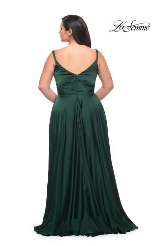 Picture of: Ruffle Slit Satin Long Plus Size Dress with V Neck in Emerald, Style: 29740, Back Picture