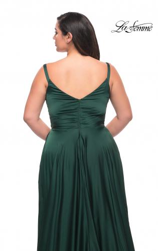 Picture of: Ruffle Slit Satin Long Plus Size Dress with V Neck in Emerald, Style: 29740, Detail Picture 4