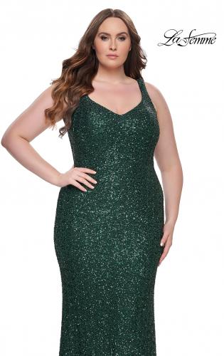 Picture of: Fitted Stretch Sequin Plus Size Dress with V Neck in Emerald, Style: 31163, Detail Picture 6
