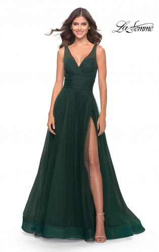 Picture of: Tulle Ball Gown with High Slit and V Neckline in Emerald, Style: 31149, Main Picture