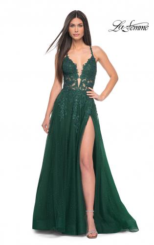 Picture of: Lace Embellished A-line Dress with Lace Up Back in Emerald, Style: 32147, Main Picture