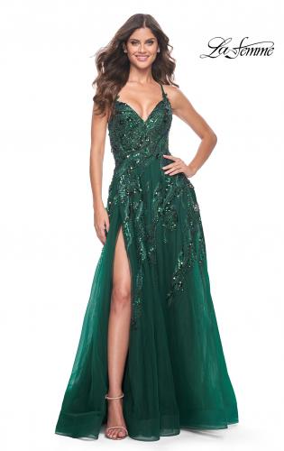 Picture of: Fabulous A-Line Gown Embellished with Sequin Beaded Applique in Jewel Tones in Emerald, Style: 32346, Main Picture