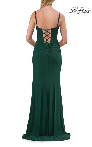 Picture of: Ruched Jersey Gown with Lace-Up Back and High Slit in Emerald, Style: 33298, Detail Picture 8