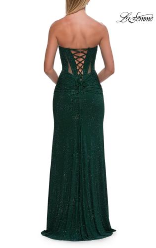 Picture of: Strapless Rhinestone Gown with Sheer Cutouts, Lace-Up Back, and High Slit in Emerald, Style: 33327, Detail Picture 8