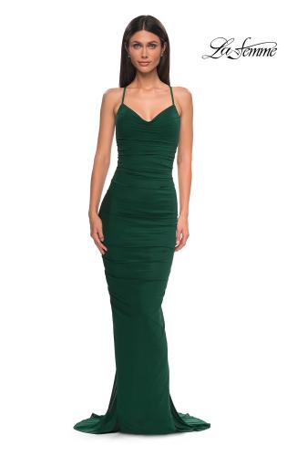 Picture of: Fitted Ruched Net Jersey Dress with Low Back in Emerald , Style 32834, Detail Picture 9