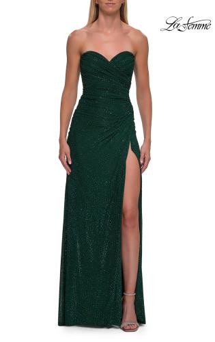 Picture of: Strapless Fitted Rhinestone Gown with Slit and Lace-Up Back in Emerald, Style: 33383, Detail Picture 9