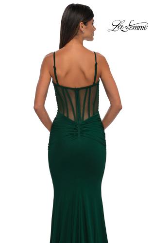 Picture of: Ruched Corset Top Prom Dress with Deep V in Emerald , Style: 32642, Detail Picture 10