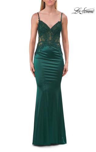 Picture of: Beaded Sheer Bodice Jersey Gown with Spaghetti Straps in Emerald, Style: 33709, Detail Picture 10
