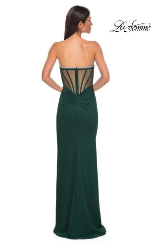 Picture of: Strapless Jersey Dress with Rhinestone Neckline and Slit Detail in Emerald , Style 32825, Detail Picture 11