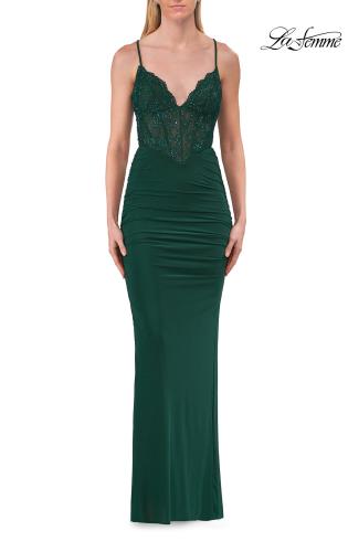 Picture of: Rhinestone Lace Jersey Gown with Ruched Back and Crisscross Straps in Emerald, Style: 33504, Detail Picture 11