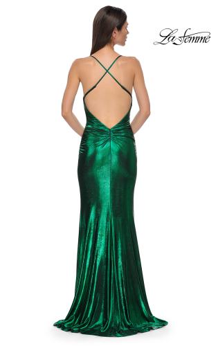 Picture of: Simple Metallic Jersey Dress with Draped Neckline and Low Back in Emerald , Style 32782, Detail Picture 12