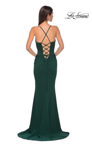 Picture of: Ruched Long Jersey Dress with Draped Rhinestone Neckline in Emerald , Style 32802, Detail Picture 12