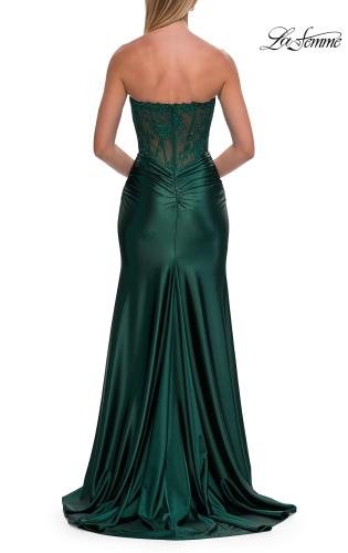 Picture of: Strapless Lace Corset Satin Gown with Slit in Emerald, Style: 33362, Detail Picture 13